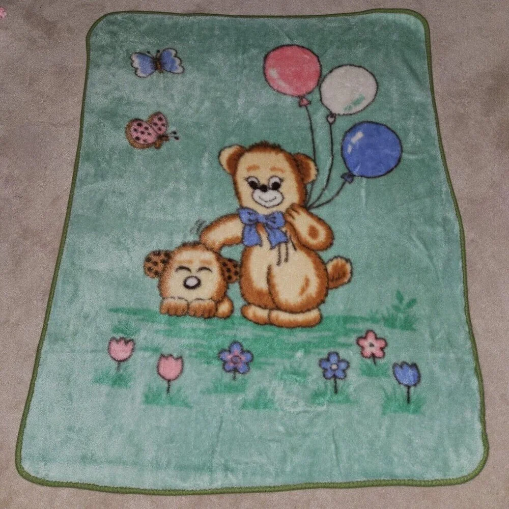 Green Teddy Bear Blanket Balloons Brown Puppy Dog Blue Red Flowers Butterflies